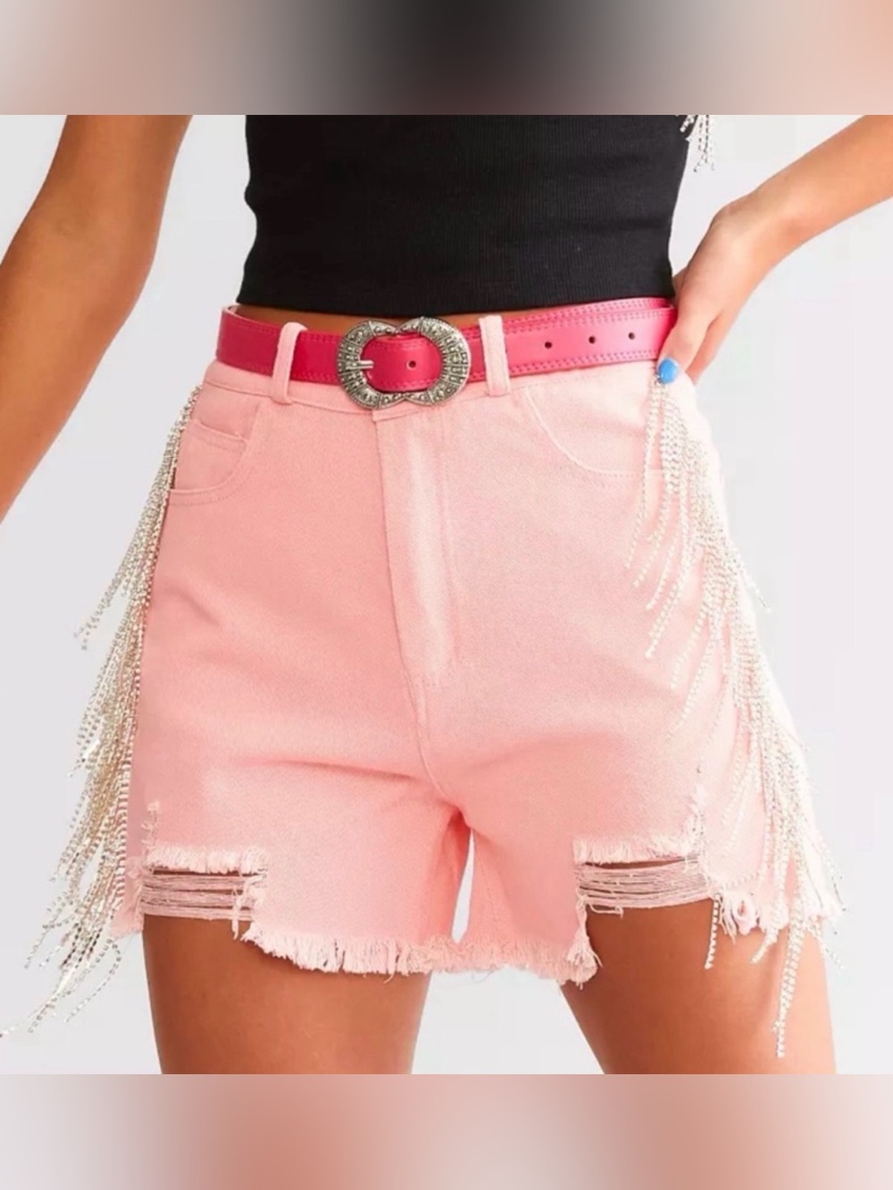 Blue B Buckle Coral Pink Rhinestone Fringe Distressed High Rise Denim Shorts XS